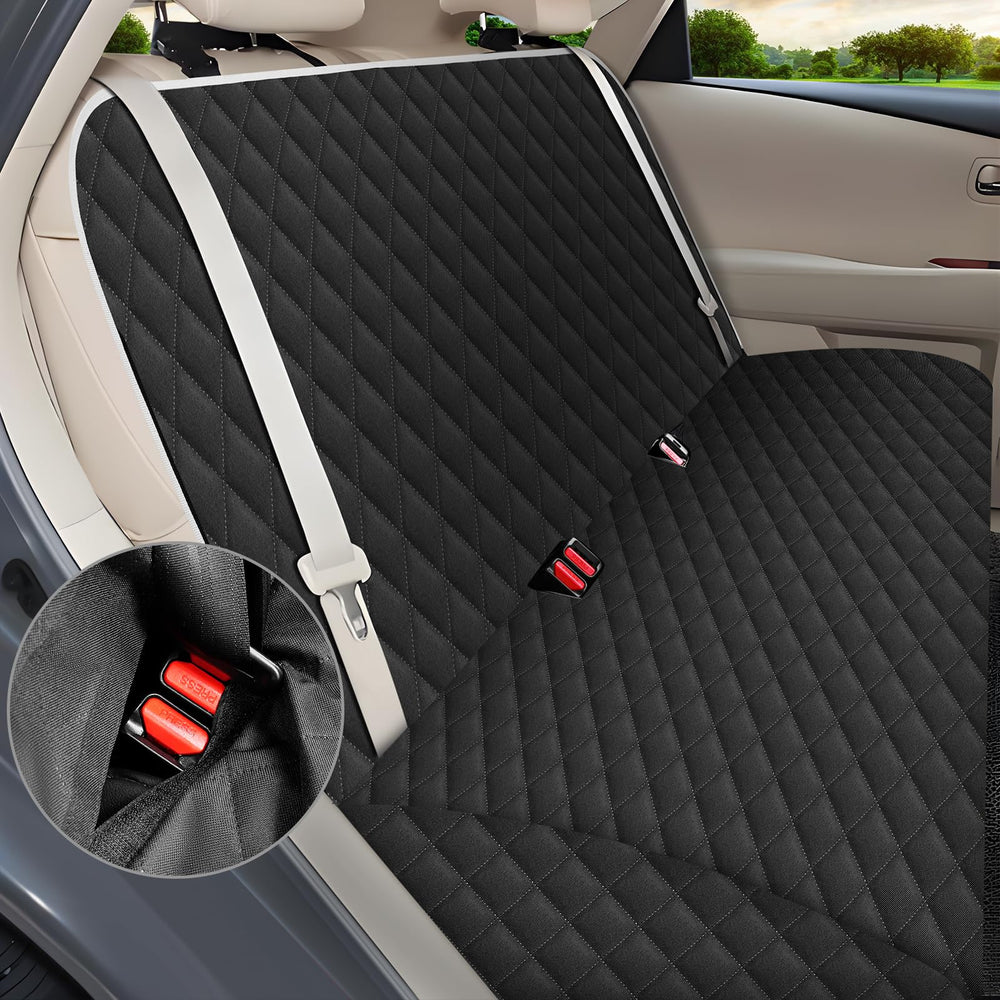 Meolsaek dog in backseat on cover demonstrating comfort and cleanliness