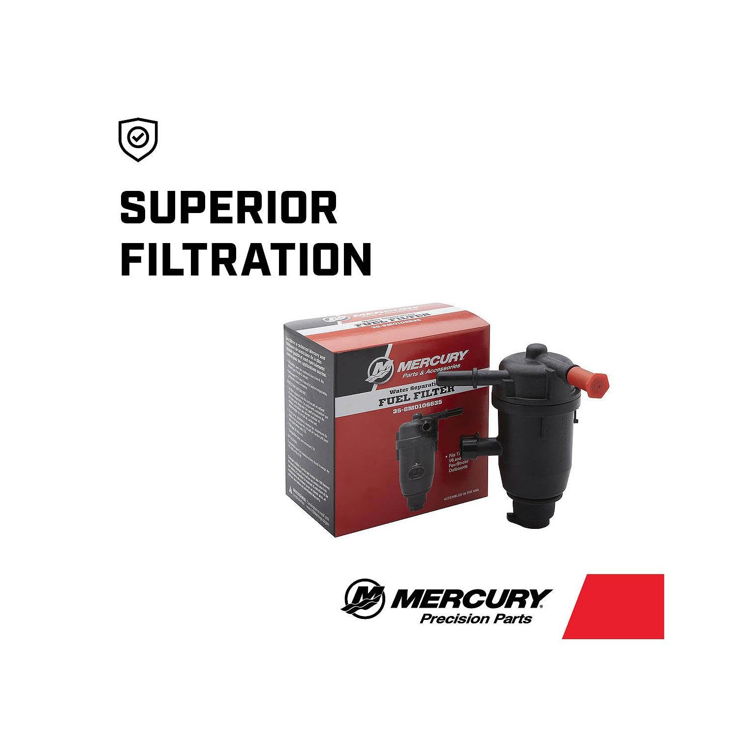 MERCURY filter side label close-up displaying part number for exact fit benefit