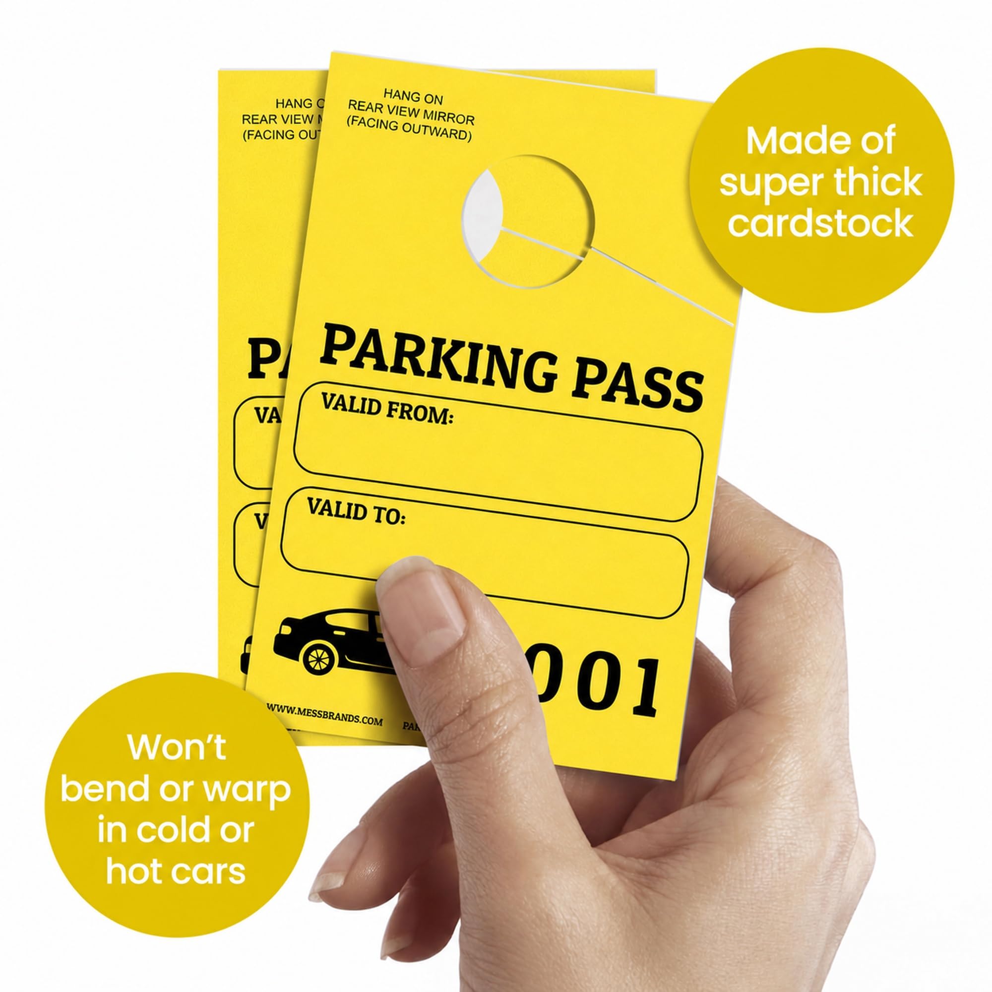 MESS hang tag displayed on rearview mirror for fast ID