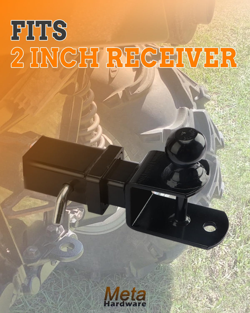 META Hardware close-up of 2-inch trailer ball and receiver shank for confident towing
