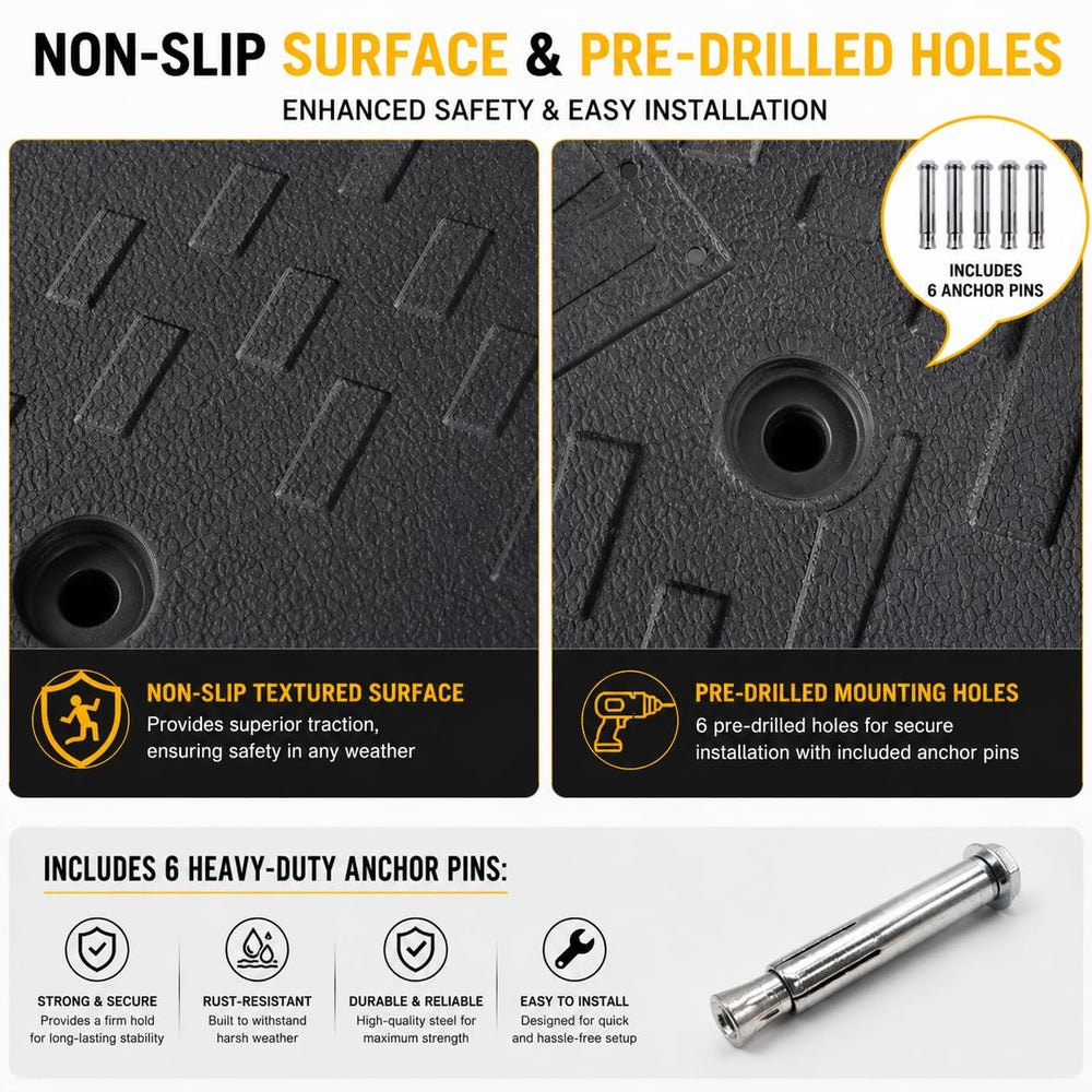 METFUIN ramp beside car wheel demonstrating scale and gentle 2‑inch rise