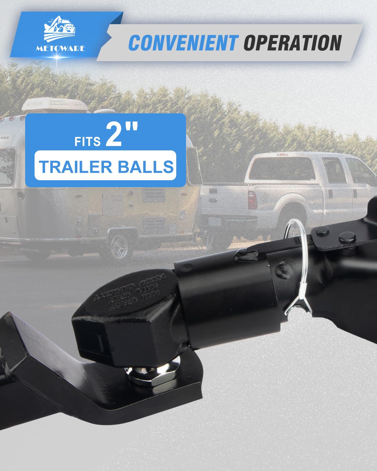METOWARE coupler seated on 2-inch hitch ball demonstrating snug connection