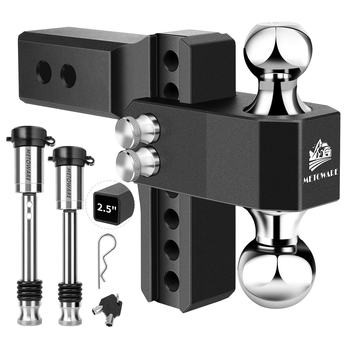 METOWARE front view showing full hitch and integrated balls for versatile towing