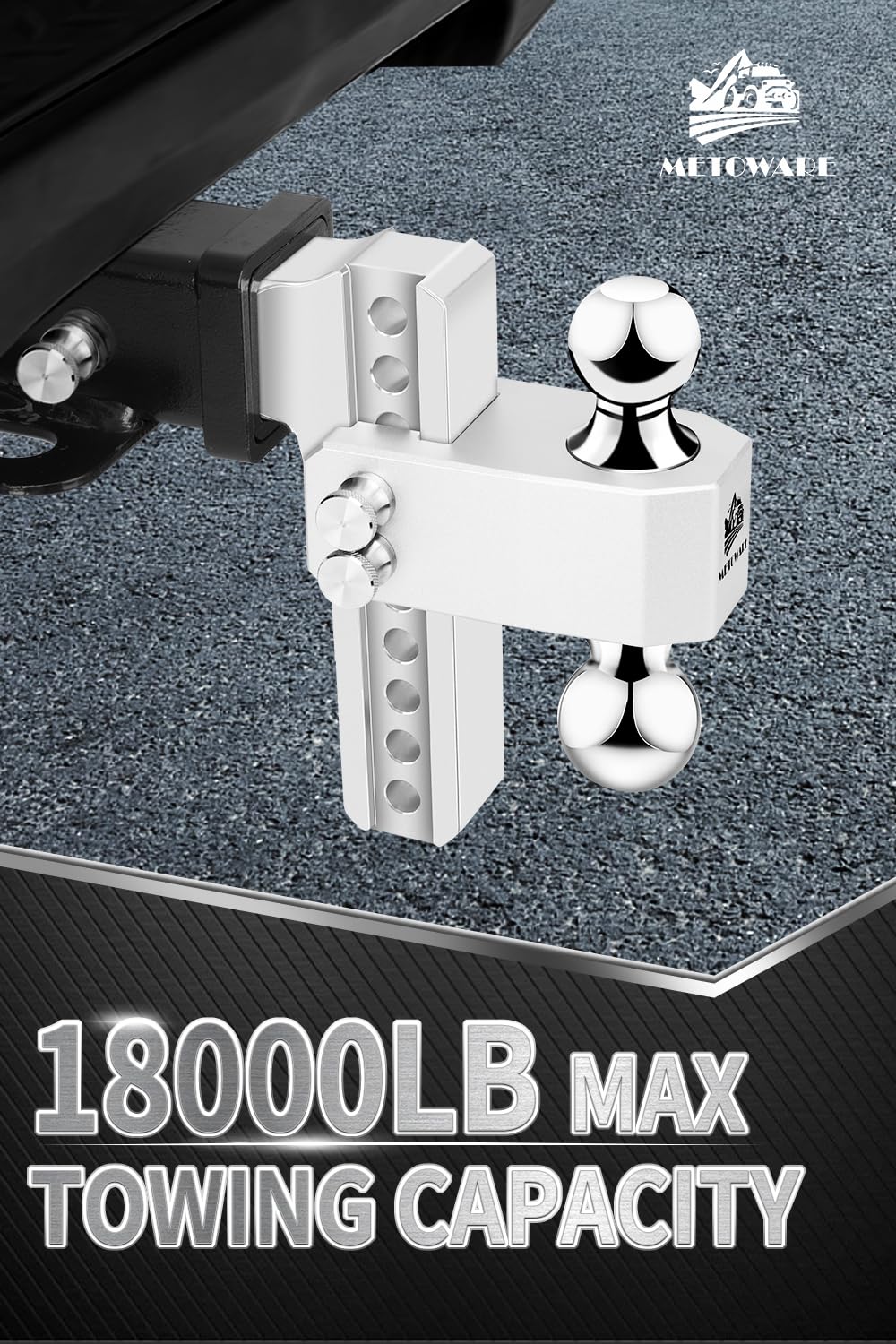 METOWARE close-up of integrated 2" and 2-5/16" balls for coupling versatility