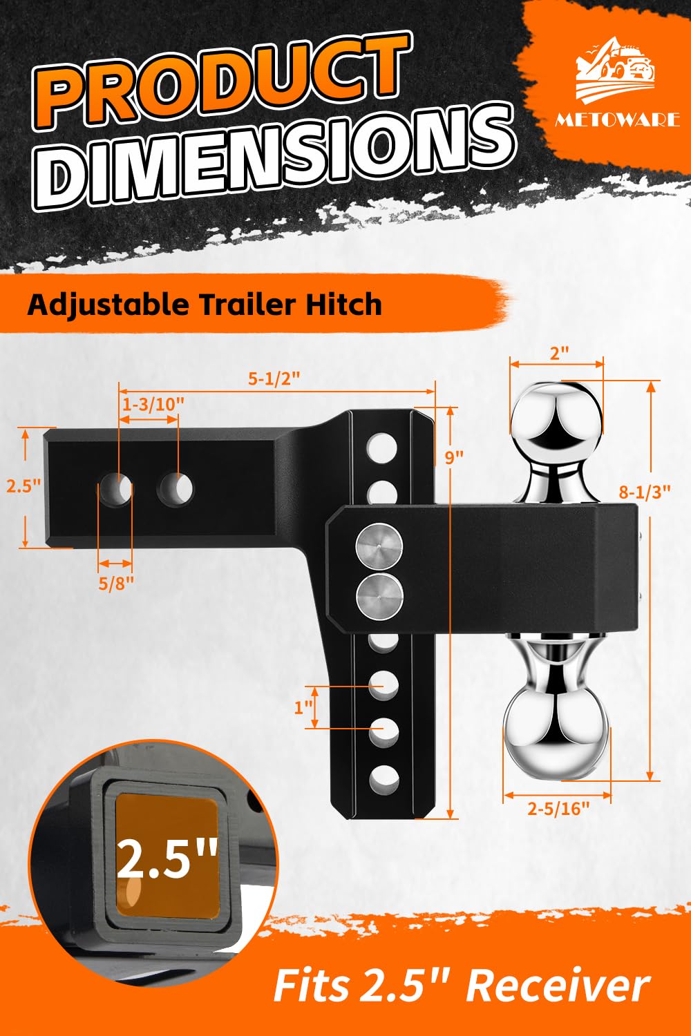 METOWARE side profile illustrating the 6-inch drop and rise adjustment range
