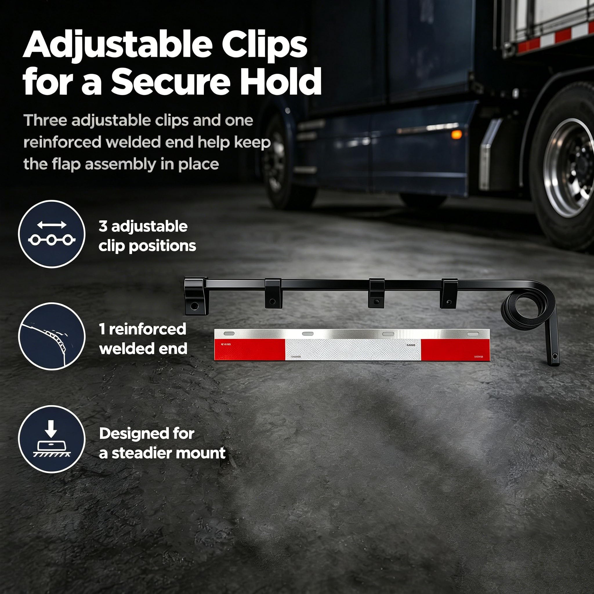 MIAOKUI hanger mounted on semi truck showing improved flap stability benefit