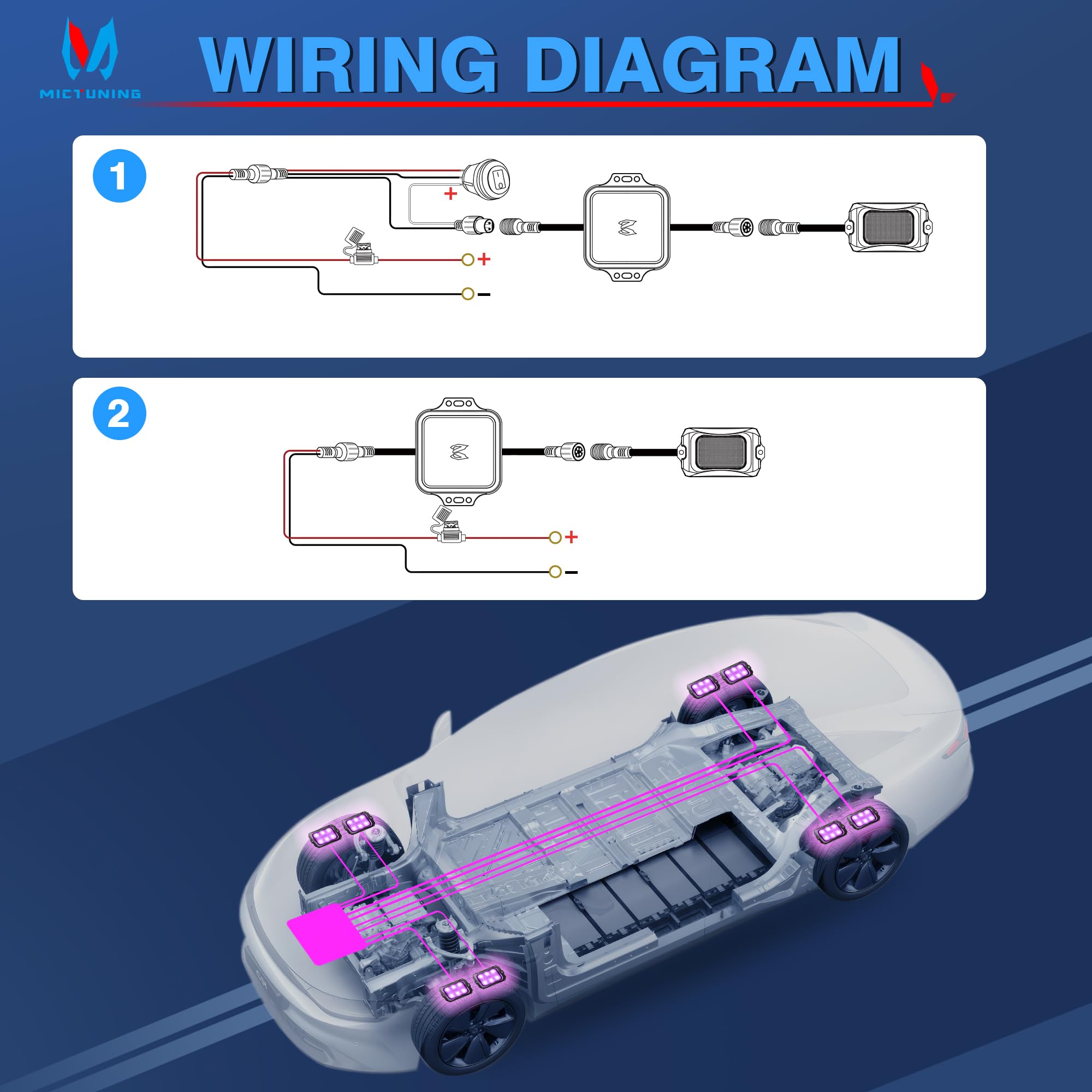 MICTUNING mounting hardware and cables laid out for simple DIY installation benefit