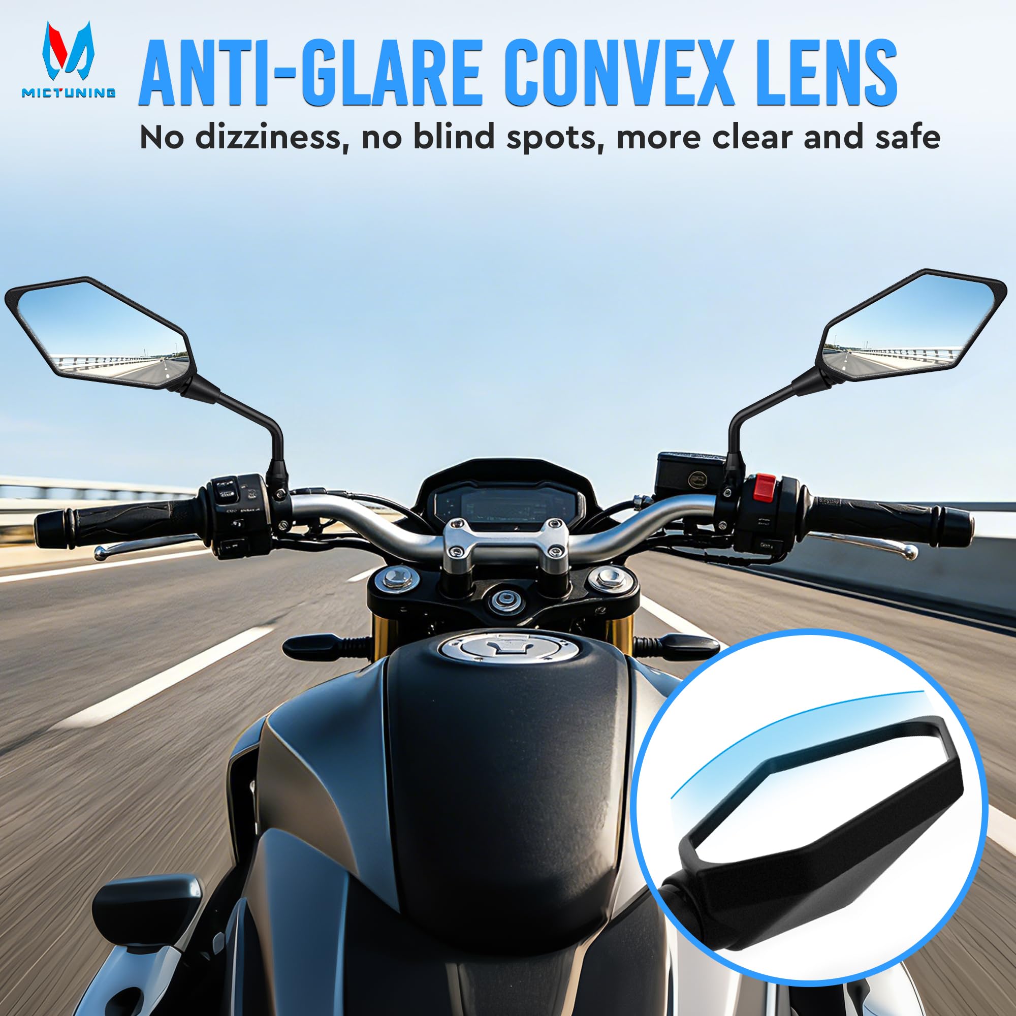 MICTUNING hawk-eye side profile highlighting sturdy steel stem benefit