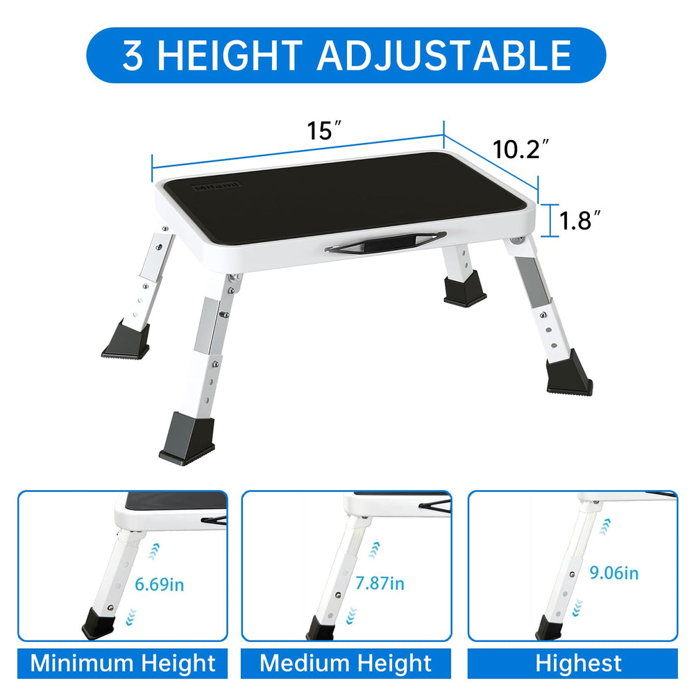 Mifami side profile extended showing three adjustable height positions benefit