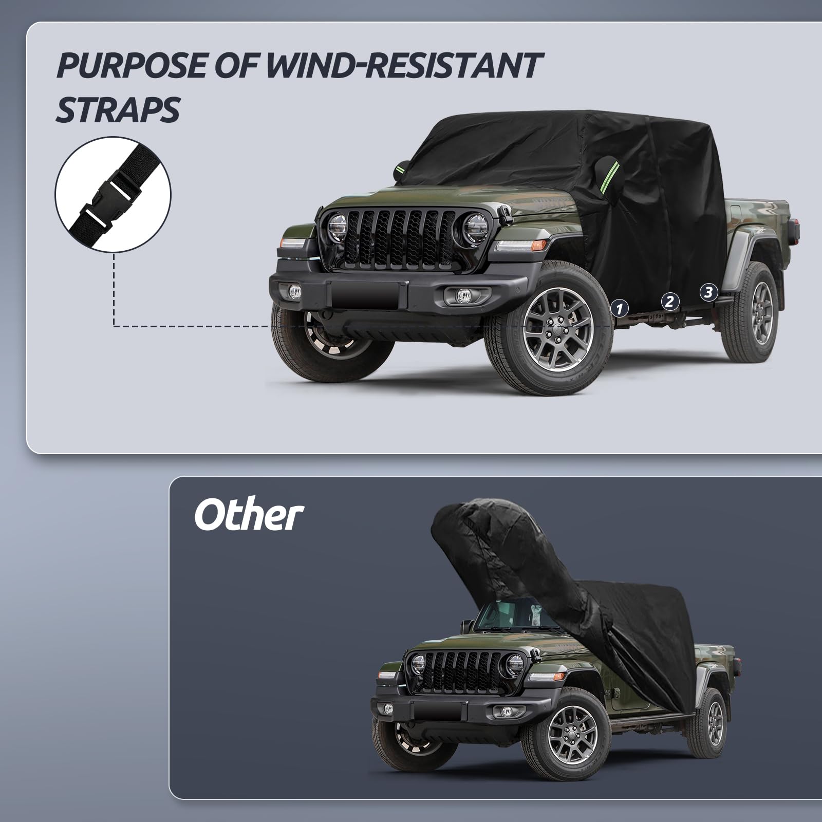 Migaven windproof strap routed under vehicle for secure hold in wind