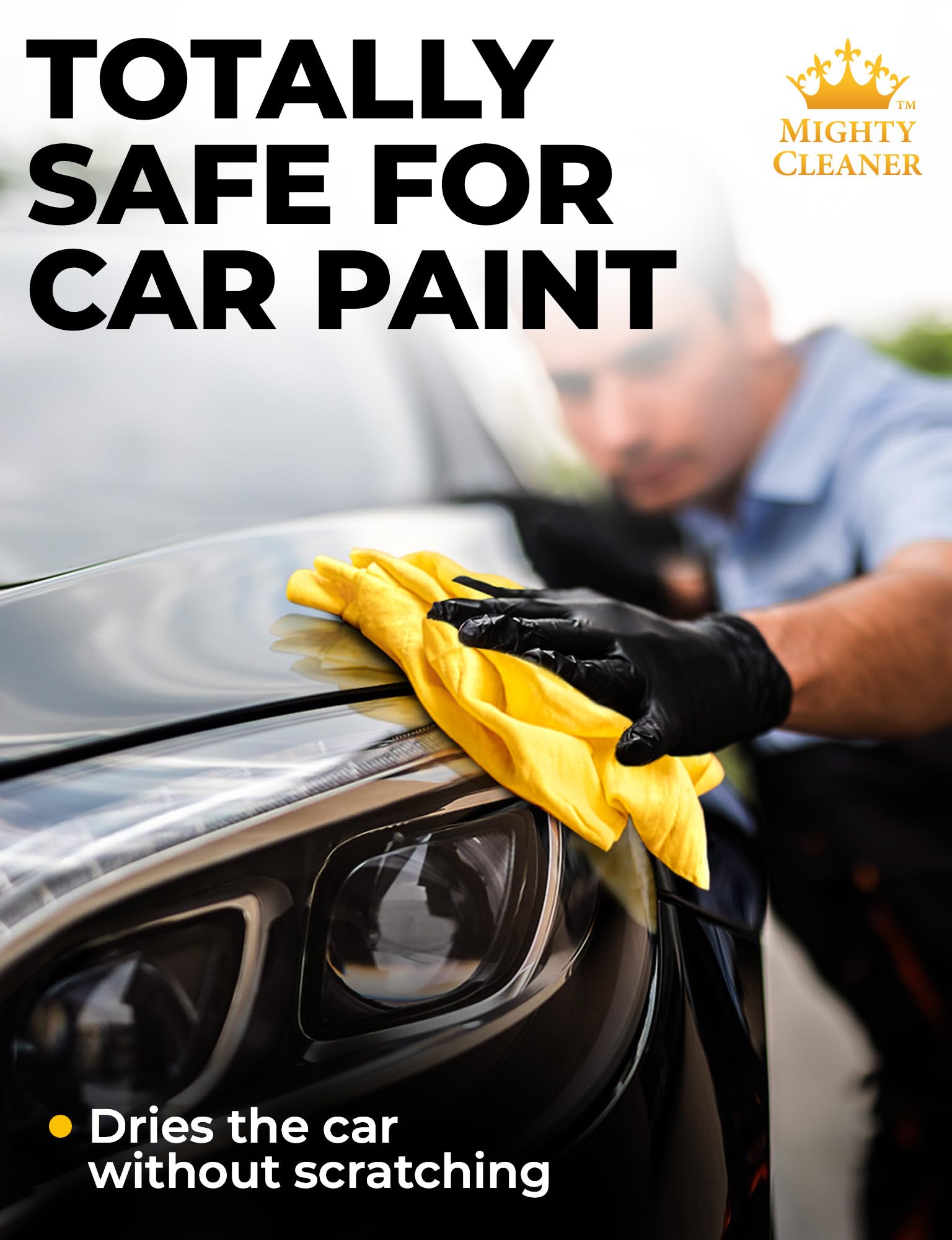 Mighty Cleaner drying car door with no streaks, demonstrating safe finish protection