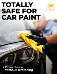 Mighty Cleaner drying car door with no streaks, demonstrating safe finish protection