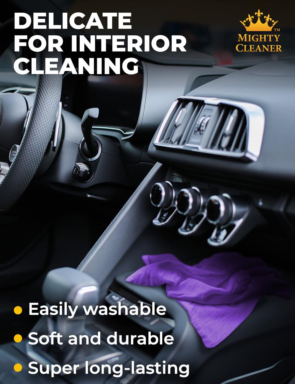 Mighty Cleaner folded towel detail highlighting lint-free, soft surface for paint safety
