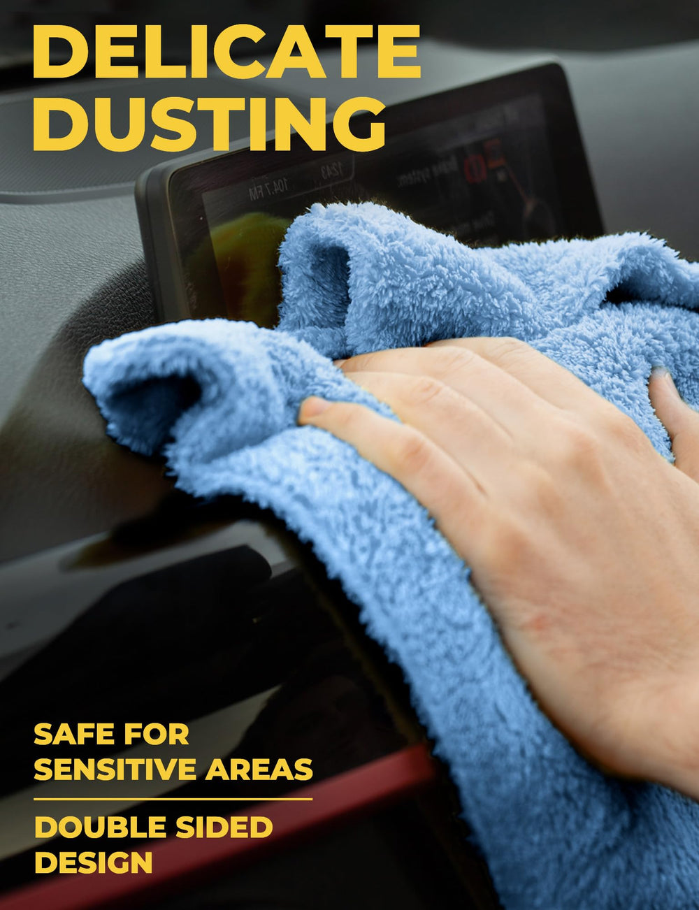 Mighty Cleaner towel cleaning dashboard and touchscreen without lint