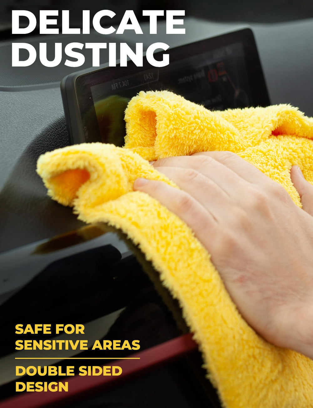 Mighty Cleaner towel cleaning dashboard and touchscreen safely
