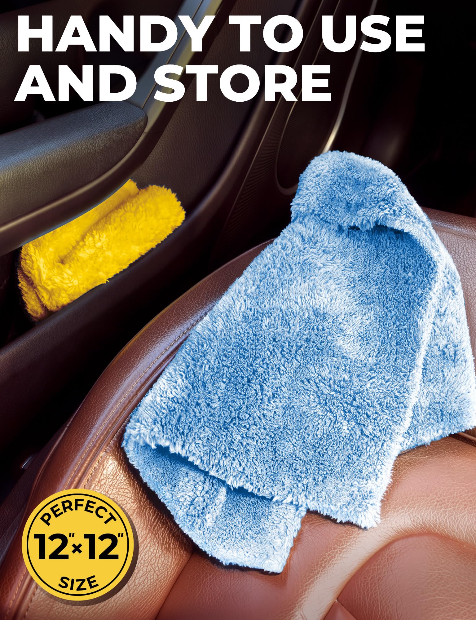 Mighty Cleaner towel next to glovebox showing compact 12x12 size convenience