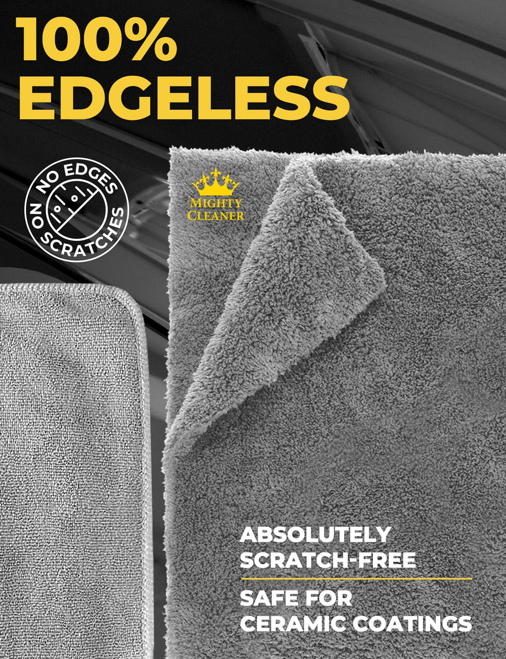 Mighty Cleaner towel held in hand to show 12x12 size and portability