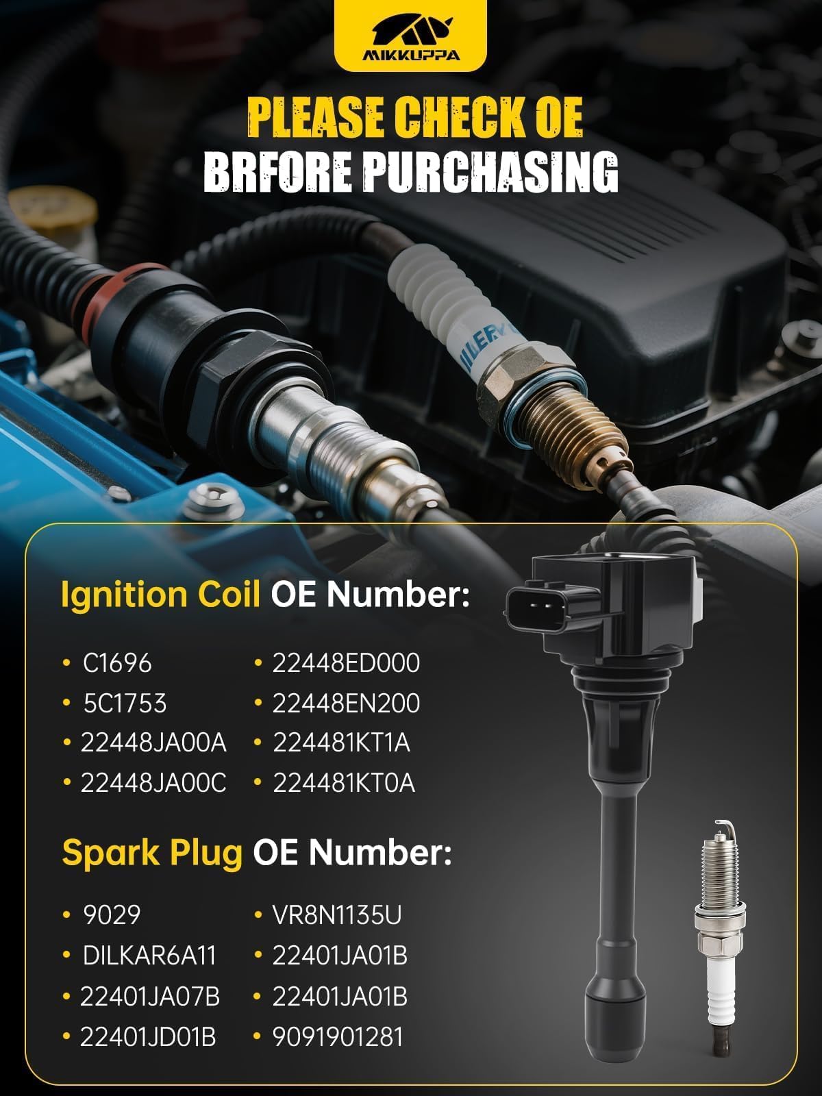 MIKKUPPA iridium spark plug tip detail showing durable electrode benefit