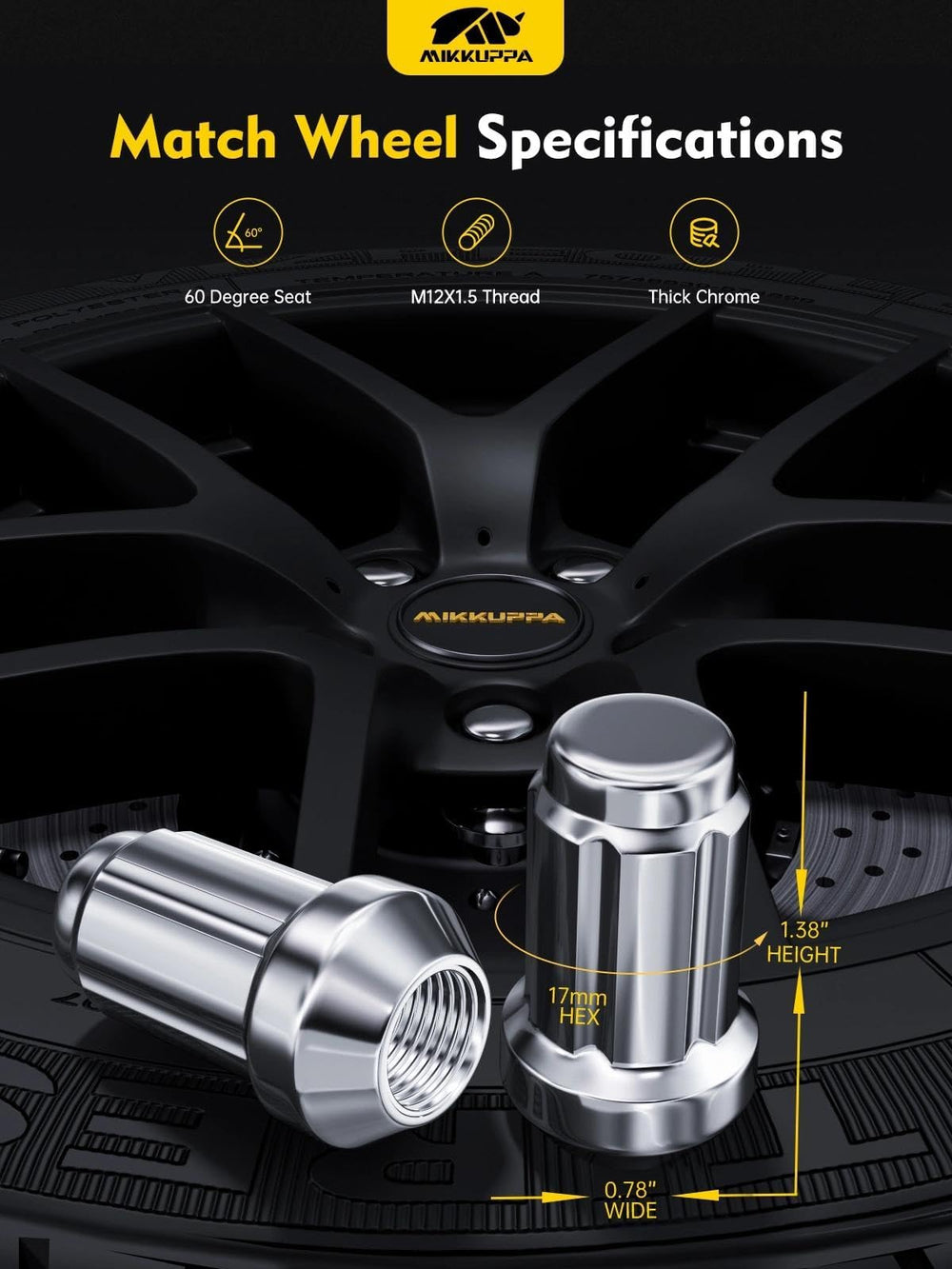 MIKKUPPA close-up of thread and 60-degree seat detail offering precise wheel fitment assurance