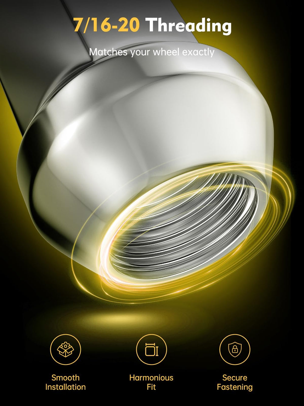 MIKKUPPA lug nut next to ruler showing 1.4-inch length and 0.87-inch width
