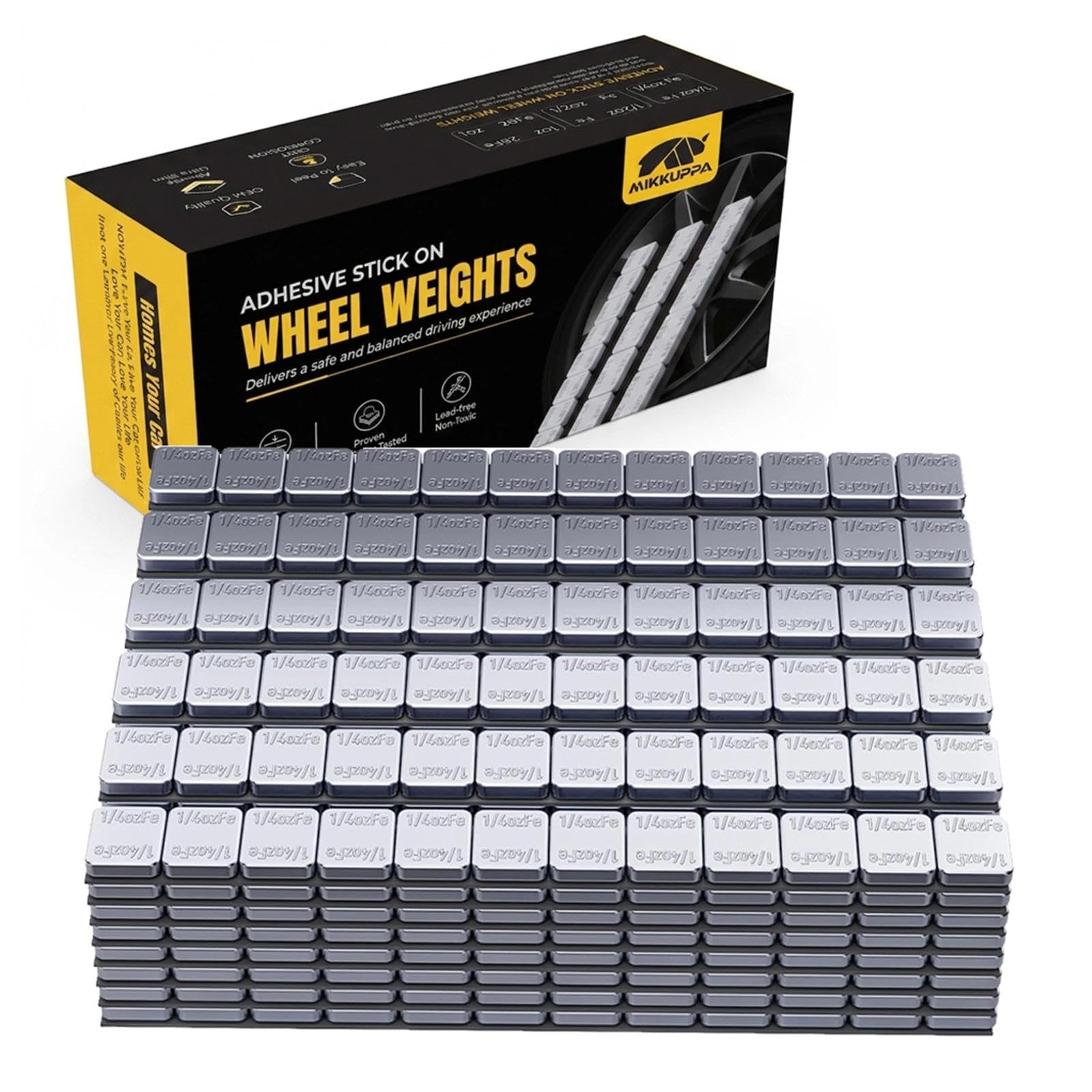 MIKKUPPA front packaging showing chrome stick-on wheel weights and box quantity benefit