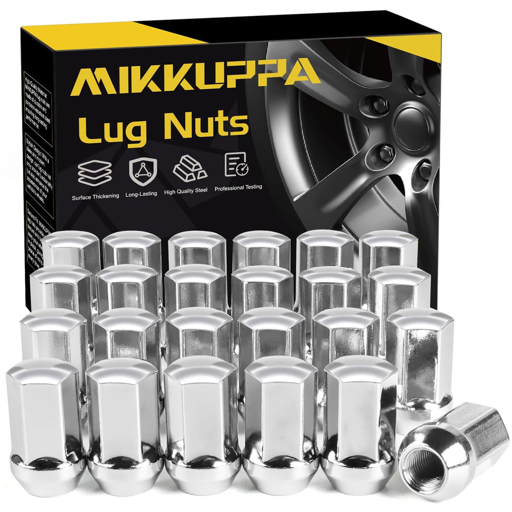 MIKKUPPA chrome lug nuts front pack displaying 24 pieces and OEM fit benefit