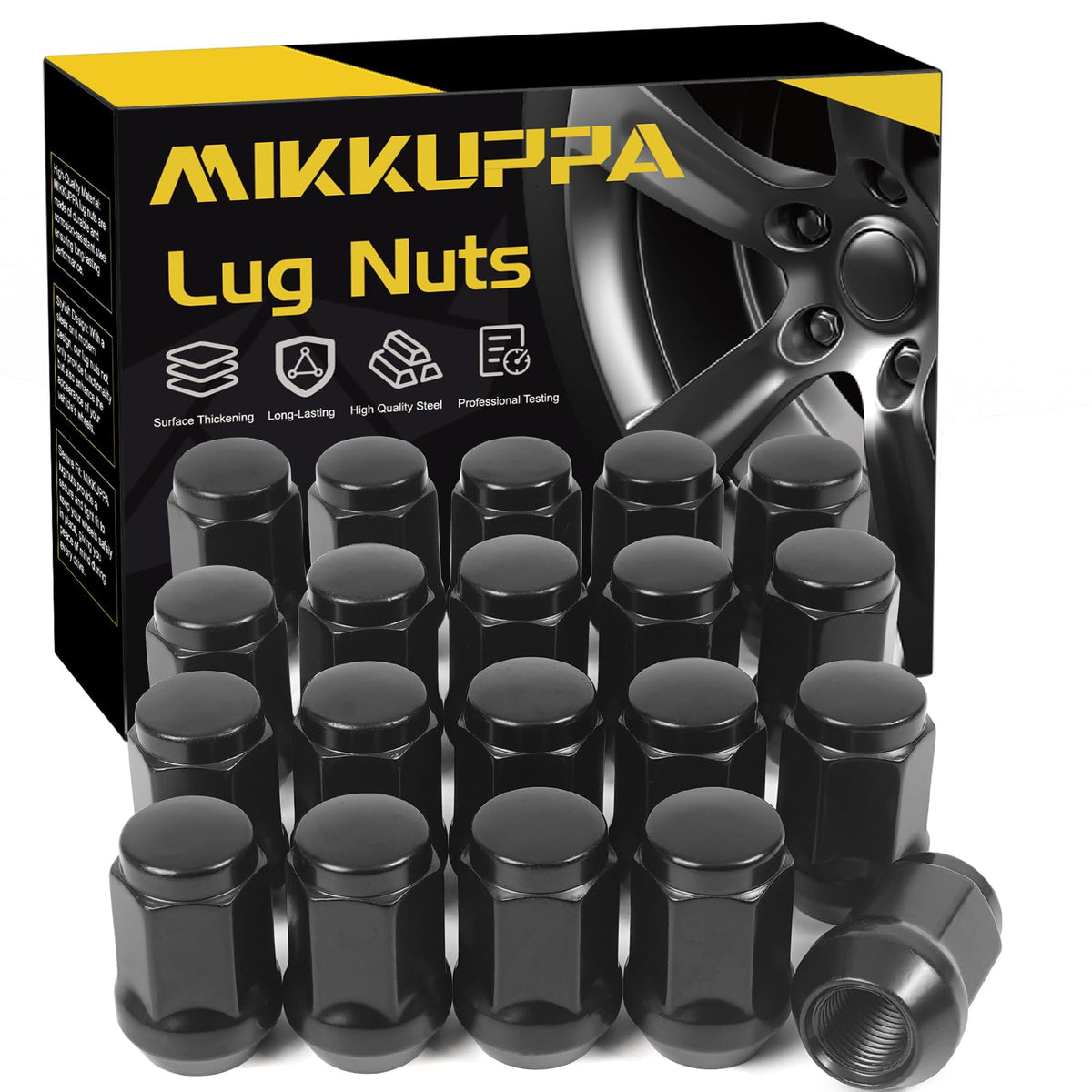 MIKKUPPA front view of 20 black lug nuts showing full set and packaging benefit protection