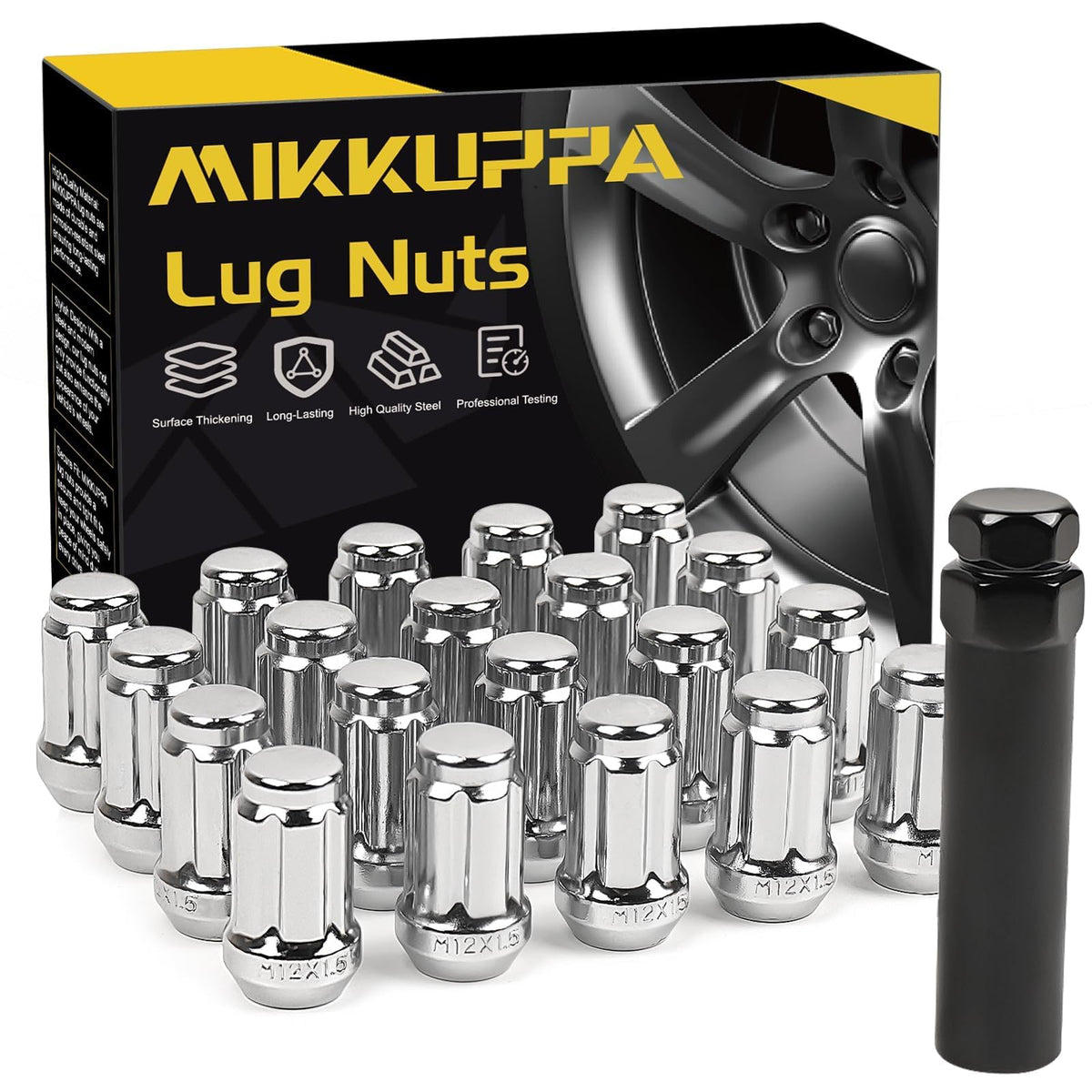 MIKKUPPA front view of lug nuts showing chrome finish and included splined key for easy installation