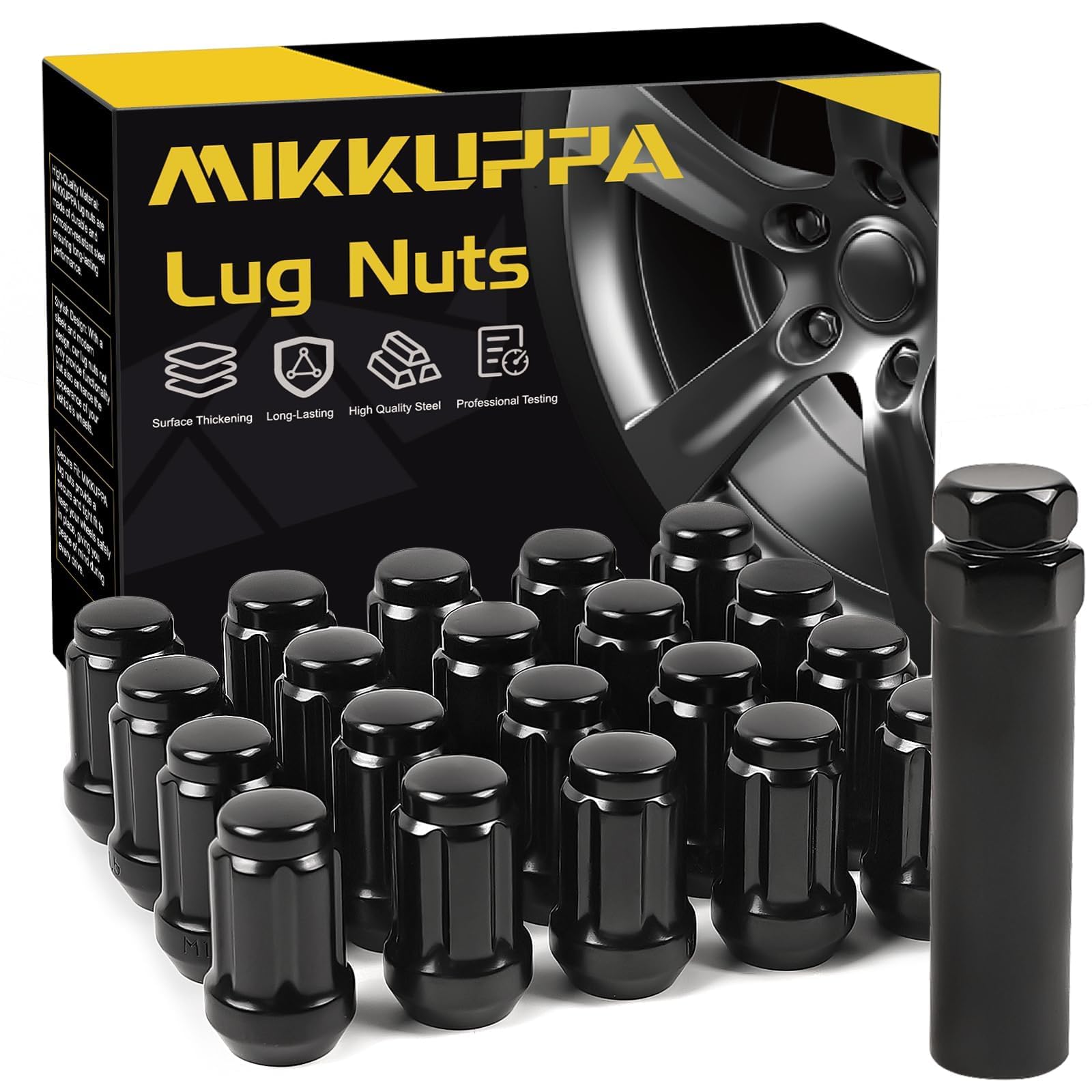 MIKKUPPA front view of 20 black lug nuts showing uniform finish and neat packaging benefit durability