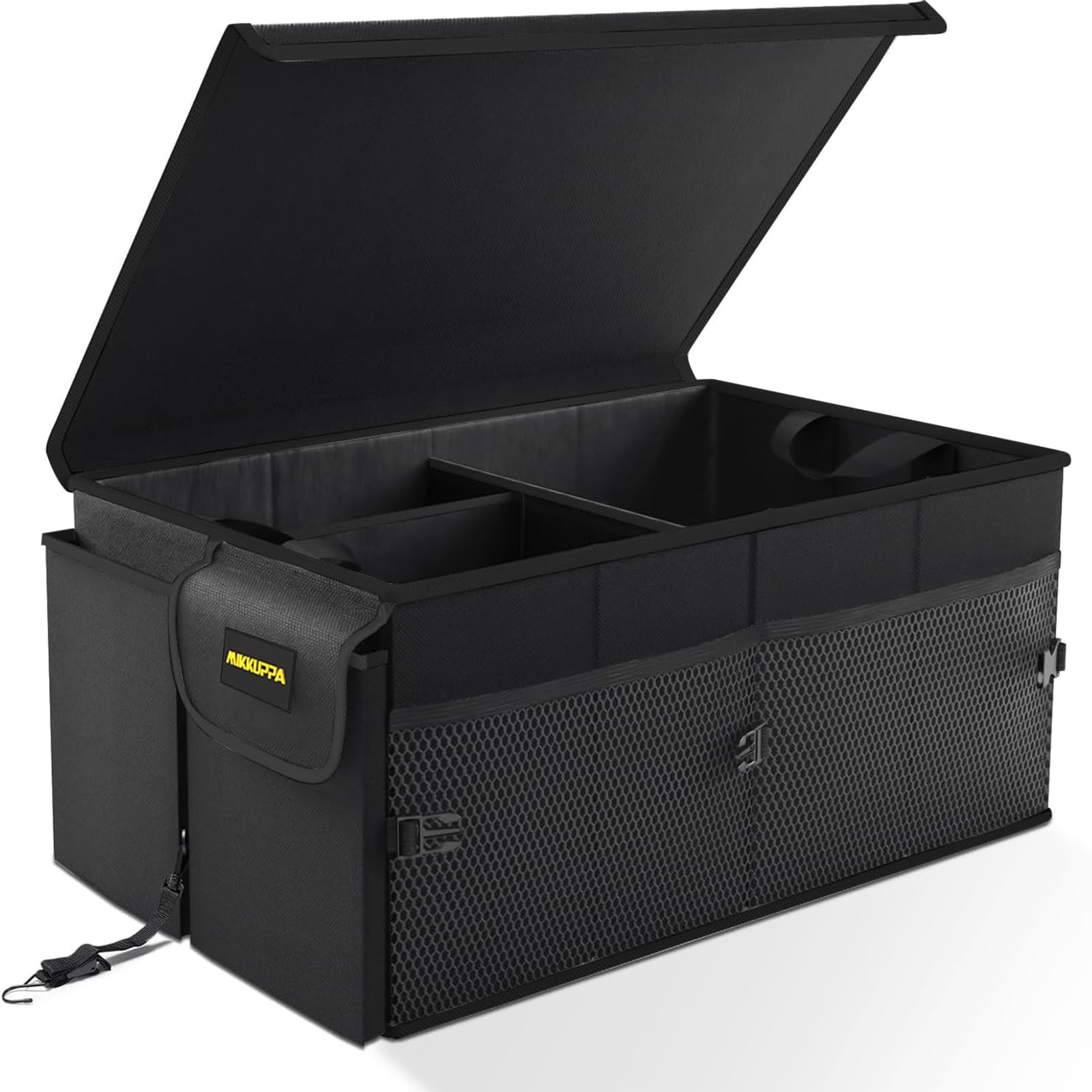 MIKKUPPA front view of trunk organizer showing capacity and structure benefit: organized storage