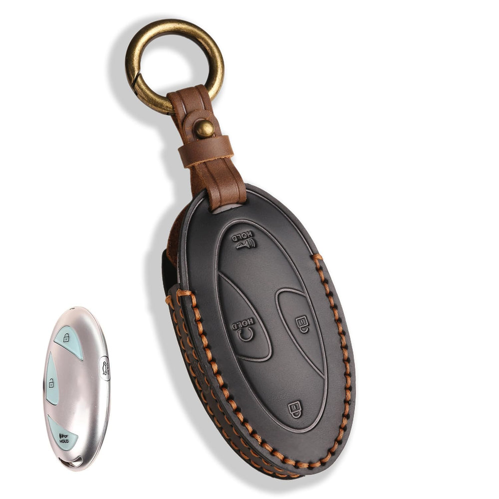 MILD EAST front view of leather key fob cover showing neat fit and protection