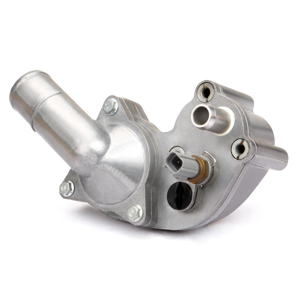 MILIPARTS front view of aluminum thermostat housing showing direct-fit benefit