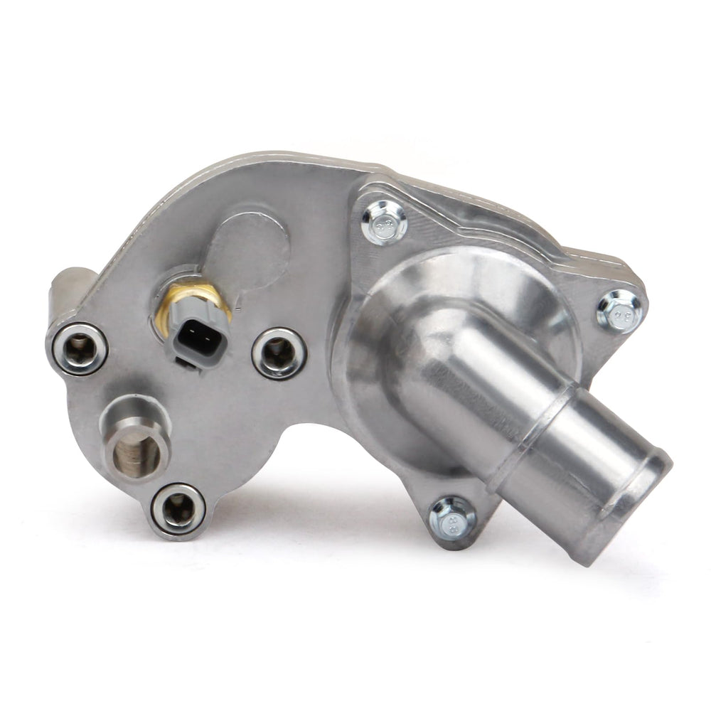 MILIPARTS front view of aluminum thermostat housing showing OEM fit