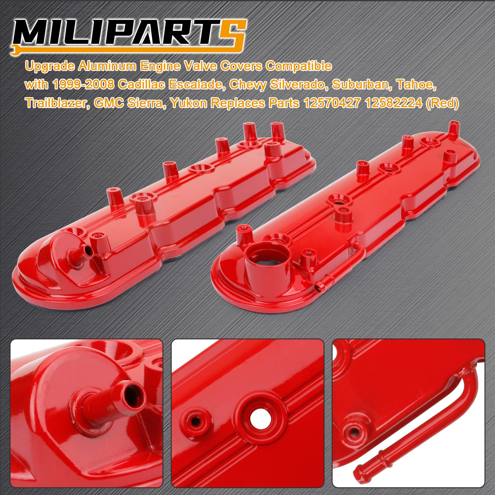 MILIPARTS valve cover with gaskets and bolts displayed highlighting included hardware for easy install
