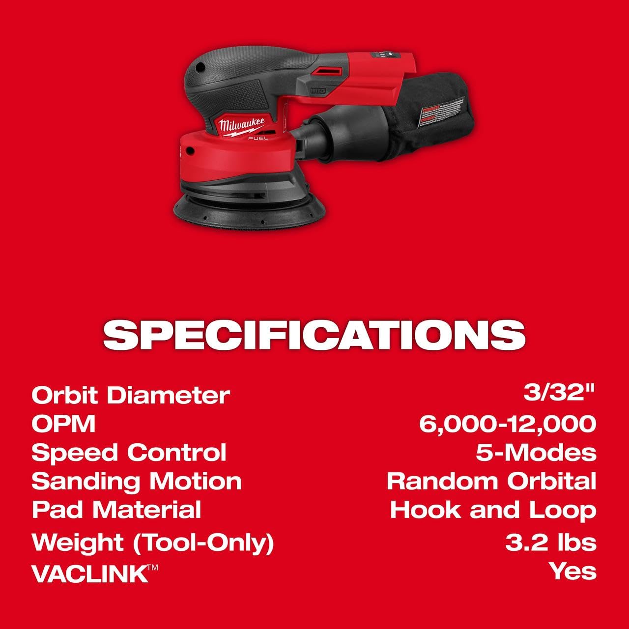 Milwaukee M18 FUEL sander label and specs view confirming model and performance