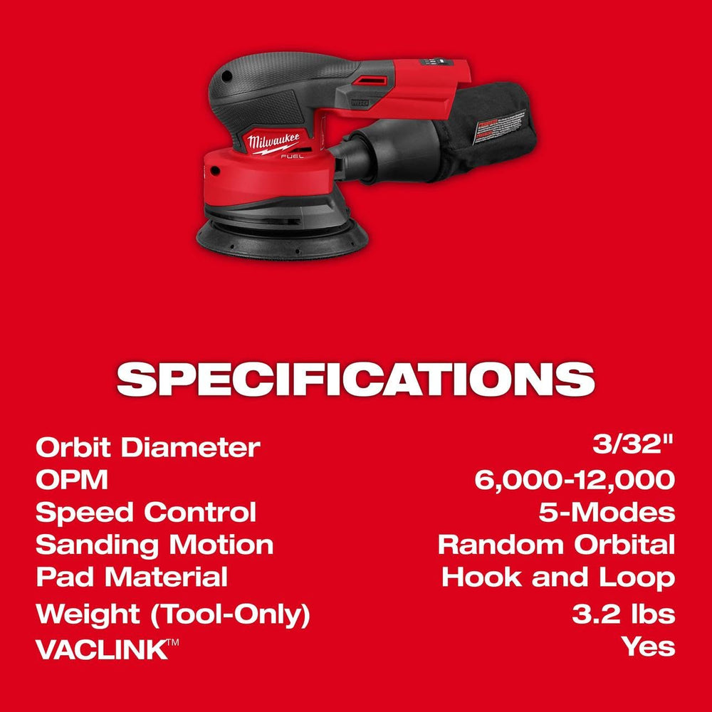 Milwaukee M18 FUEL sander label and specs view confirming model and performance
