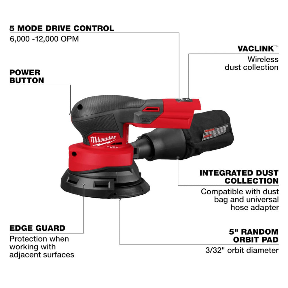 Milwaukee M18 FUEL sander side profile highlighting ergonomic grip benefit