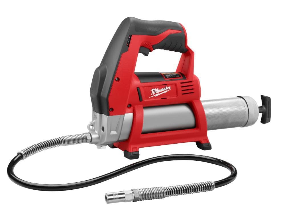 milwaukee grease gun 48-inch flexible hose highlighting reach for tight fittings