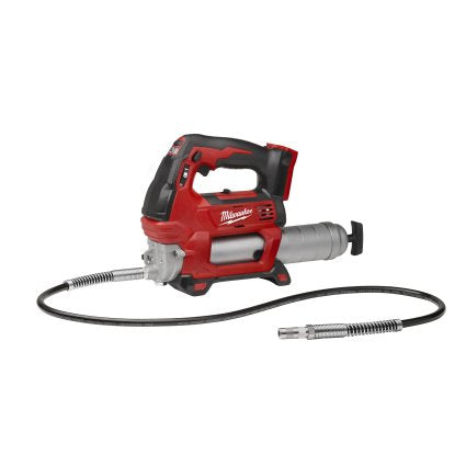 Milwaukee M18 grease gun front view showing hose and coupler for efficient lubrication