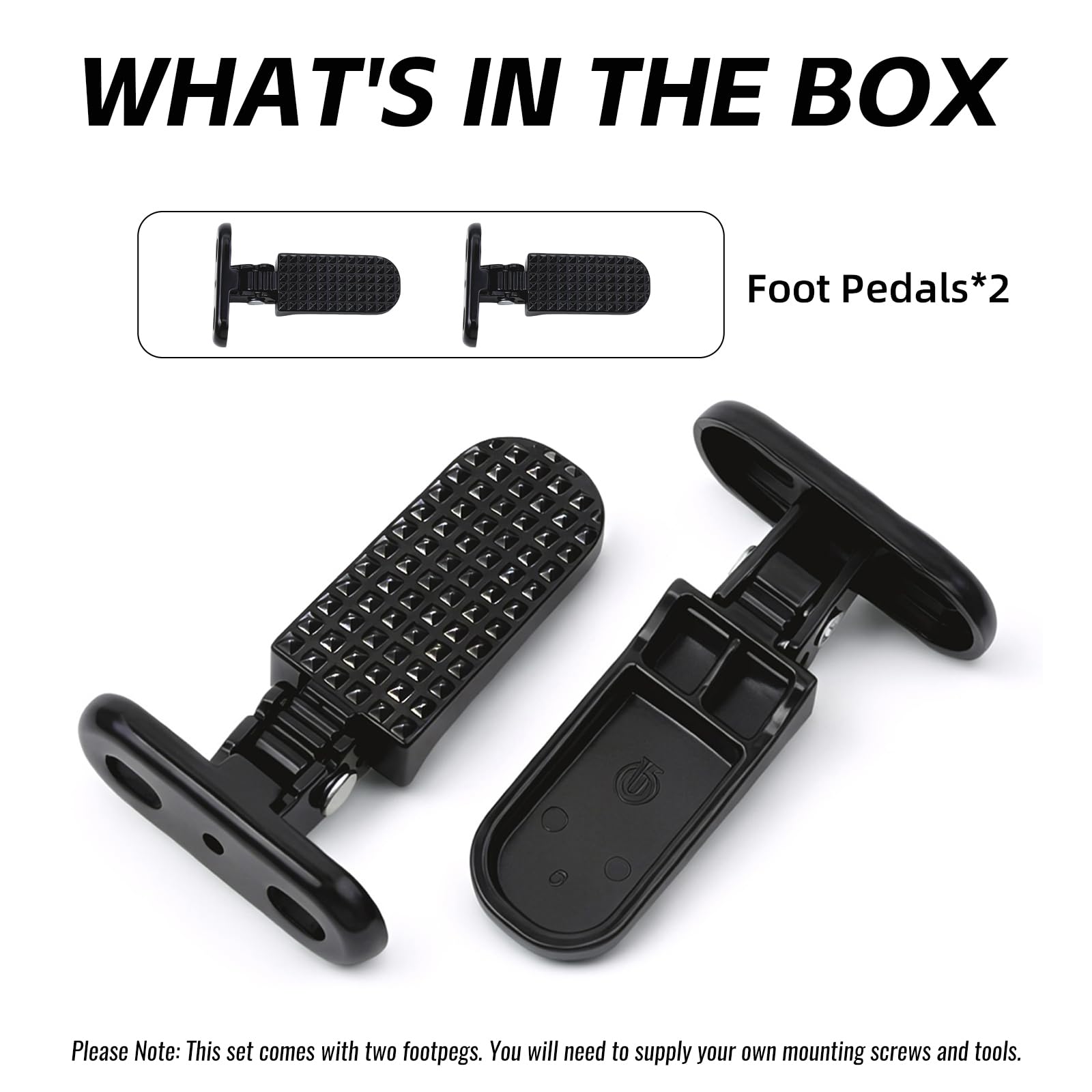 Minho foot peg packaging pair showing included components benefit