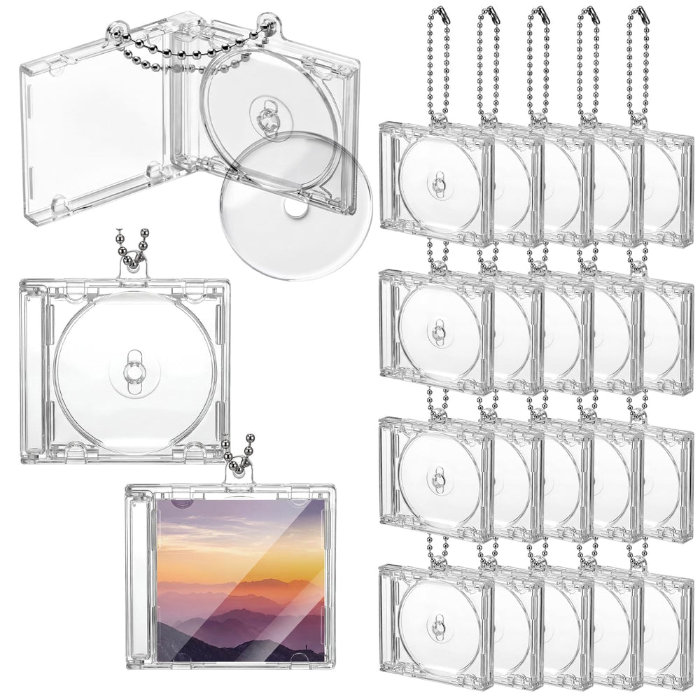Misdary front view of 20 clear mini CD keychain cases showing quantity and clarity