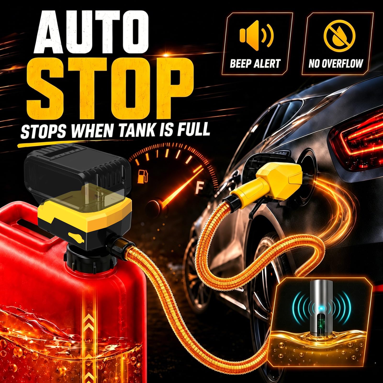 MISFANS nozzle close-up with auto-stop sensor preventing overfill