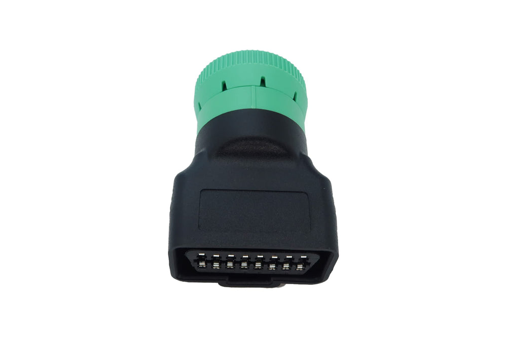 MITOB adapter plugged into a vehicle’s green J1939 port demonstrating secure fit