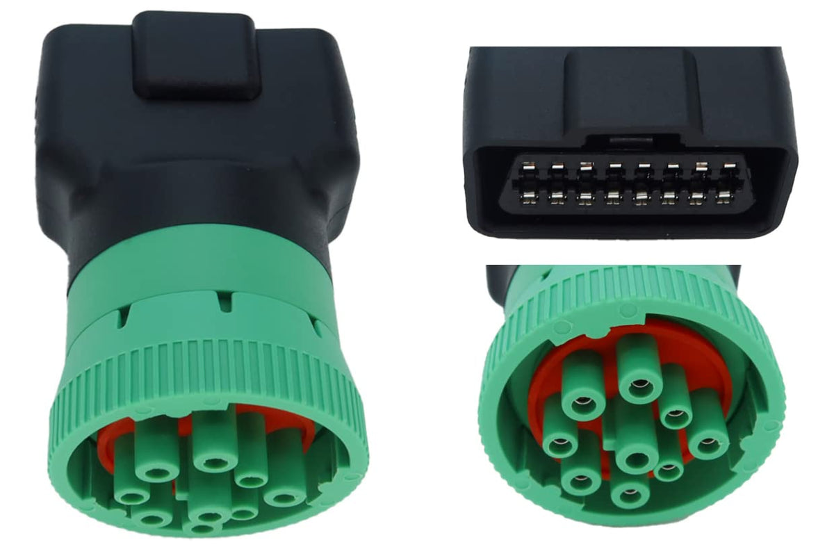 MITOB adapter front view showing green J1939 male and OBD2 female for easy conversion