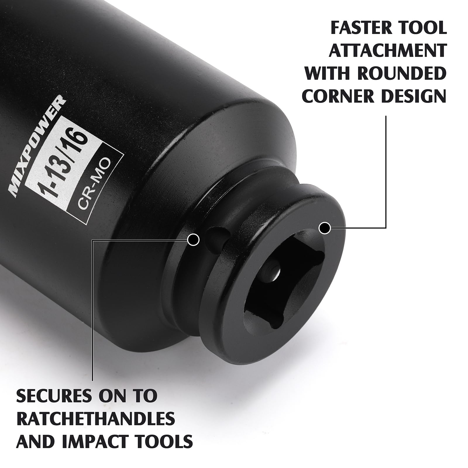 MIXPOWER detailed view of black phosphate finish resisting corrosion and shop wear benefit