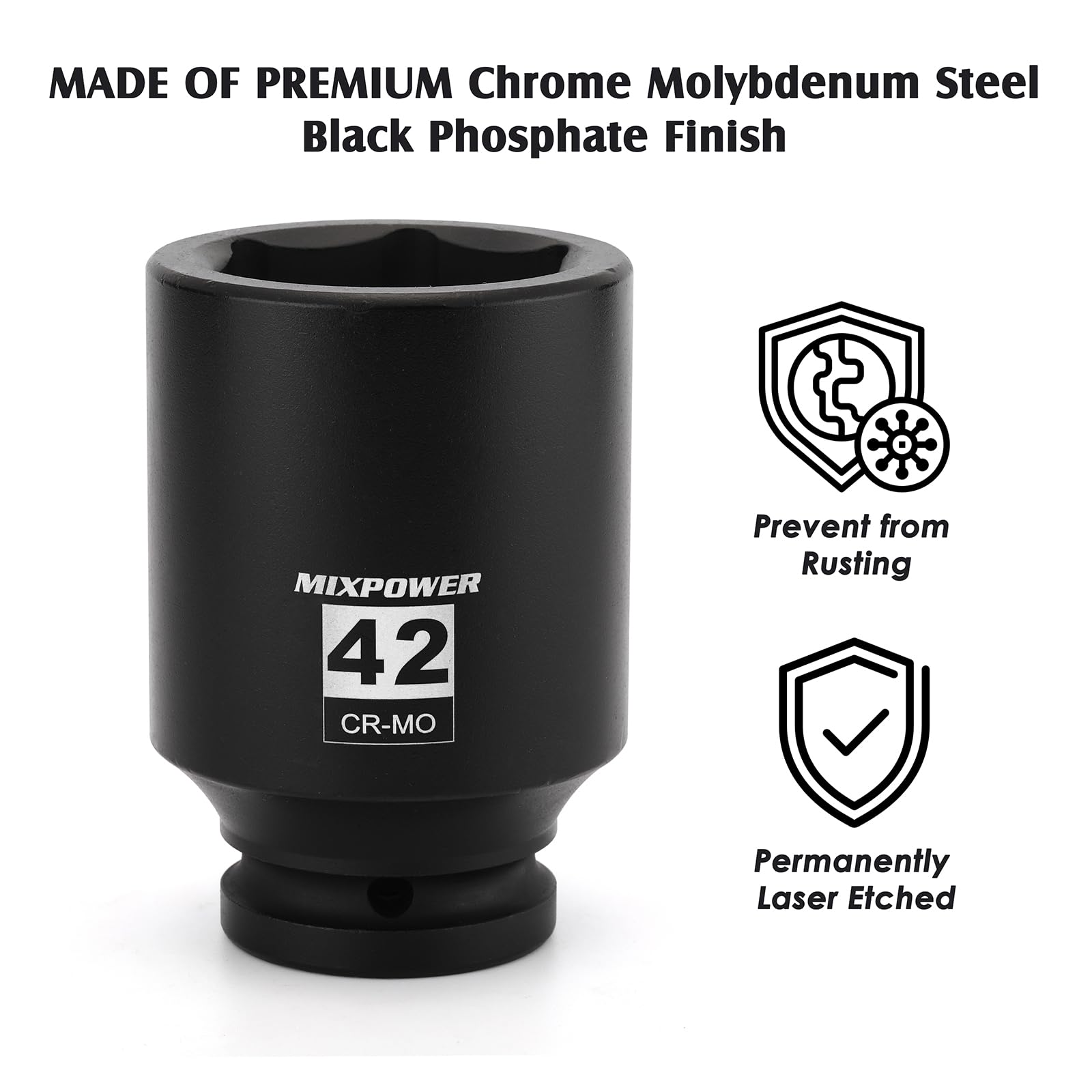 MIXPOWER laser-etched 42mm marking visible for quick identification even in low light