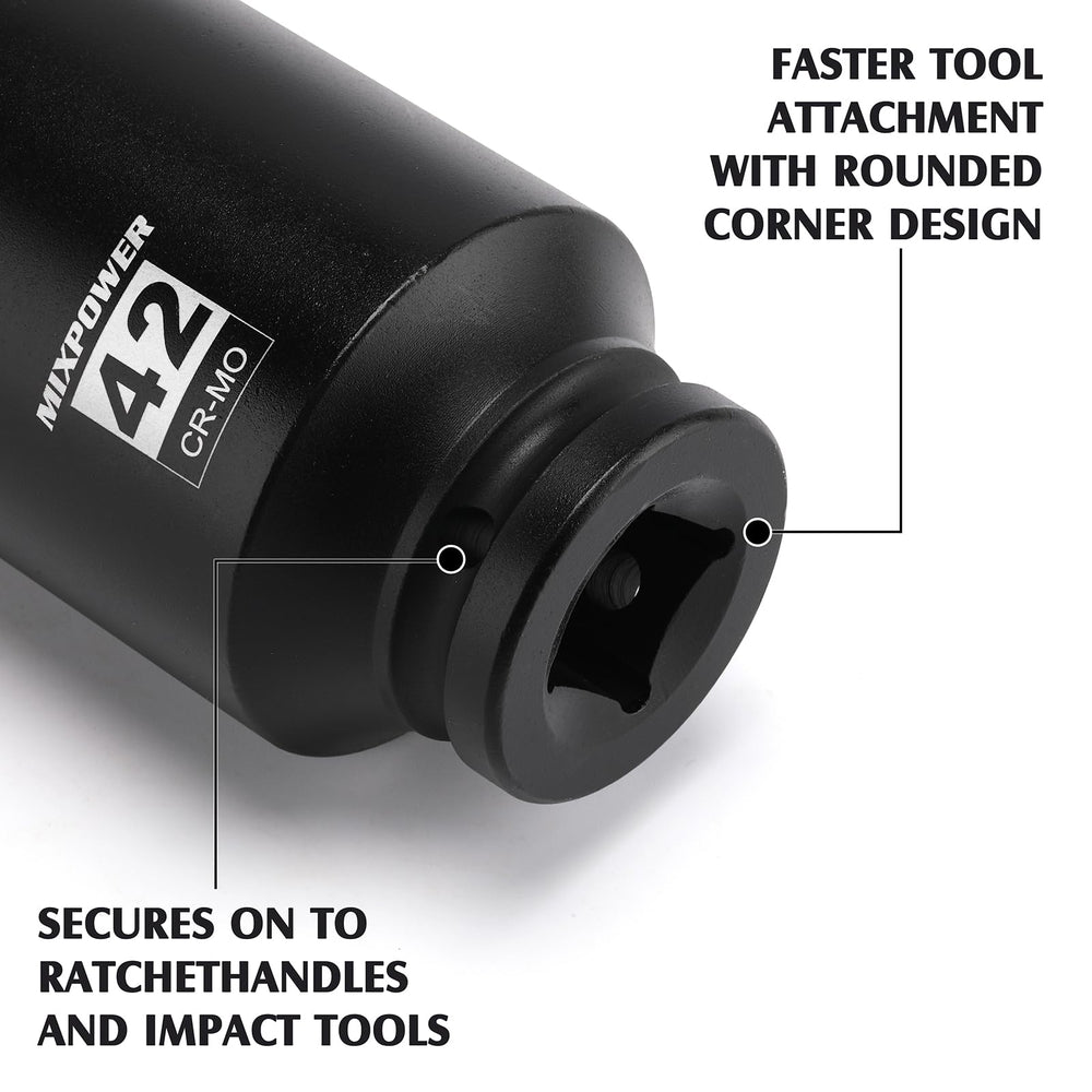 MIXPOWER socket attached to impact wrench removing axle nut for faster repairs