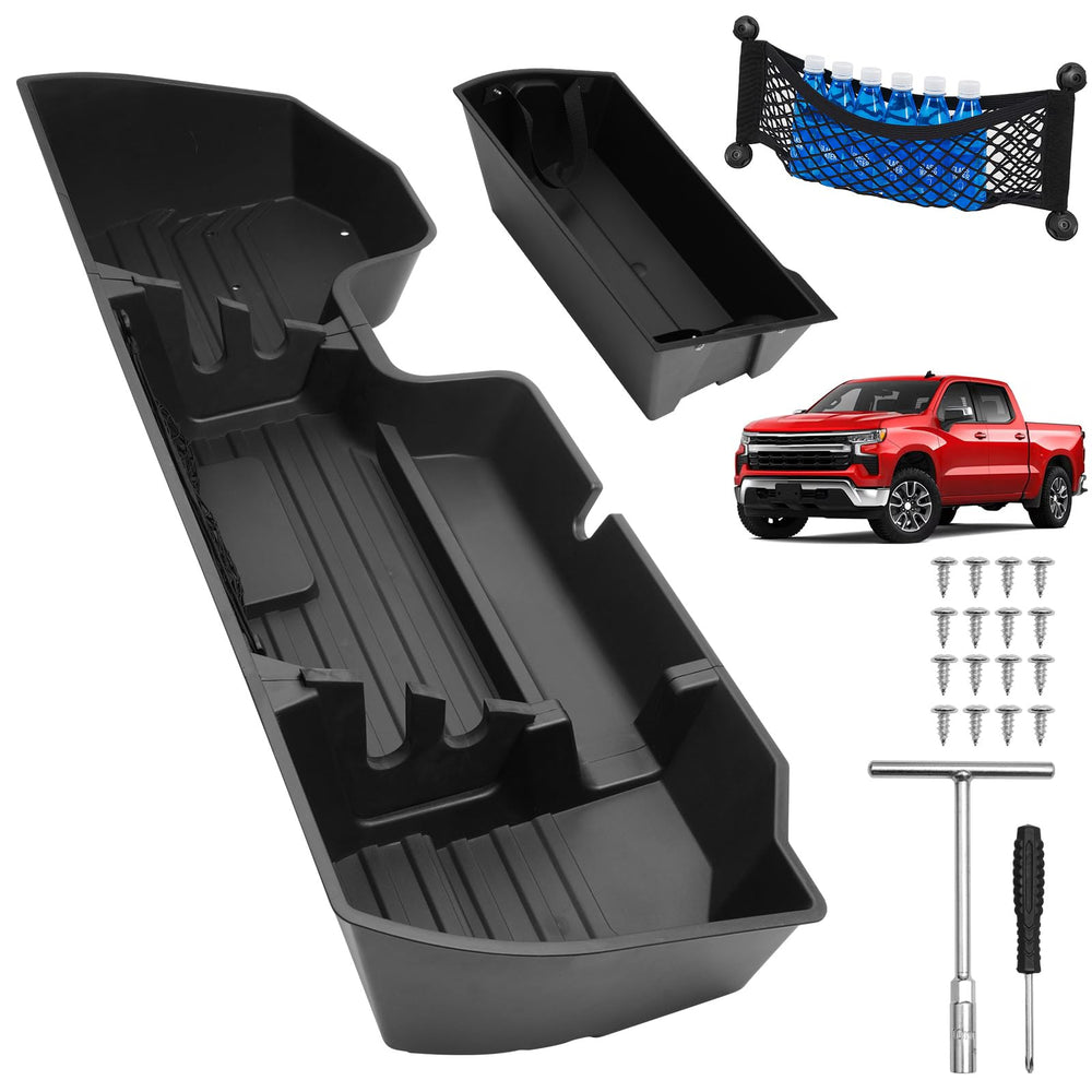 Mixsuper Liner front view installed under rear seat showing tidy storage benefit