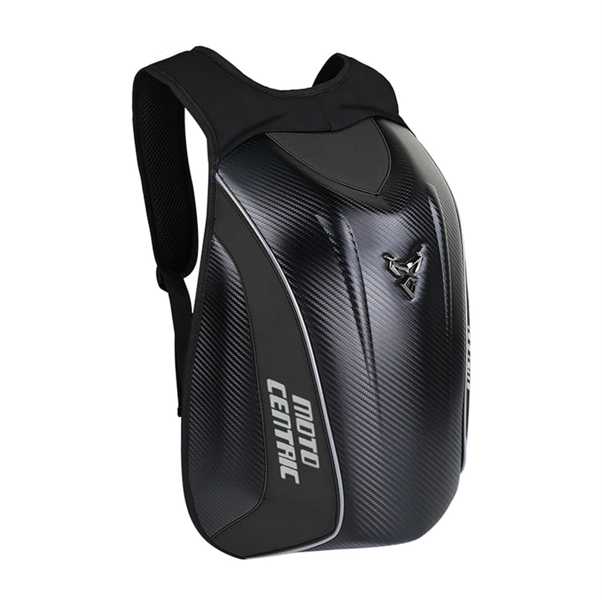 mjmoto front hard-shell backpack showing protective shape and easy access
