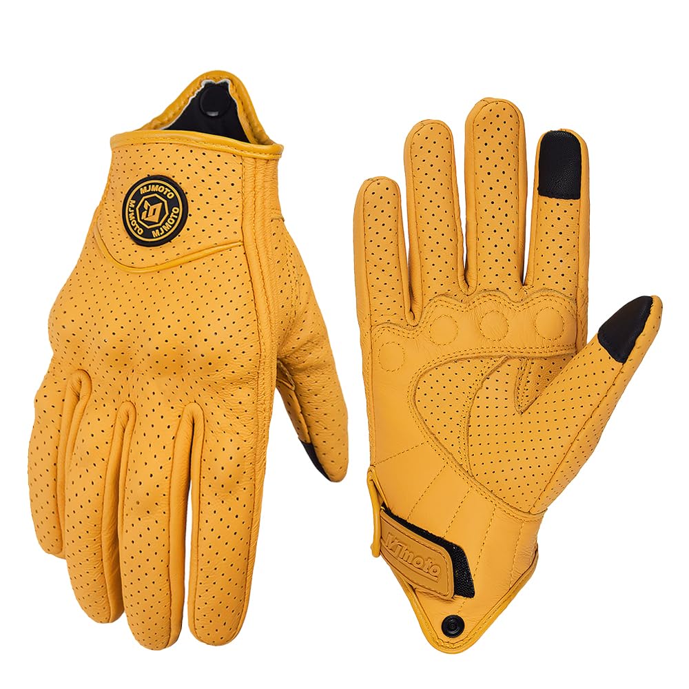 mjmoto front view of yellow-hole gloves showing vintage style and breathable comfort